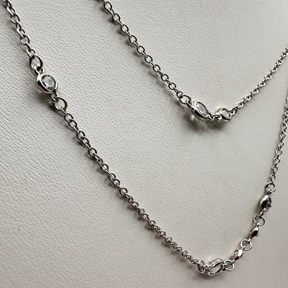 Necklace Silver Tone Double Strand Clear Rhinestone Bezel Set Statement Chain - Picture 3 of 9